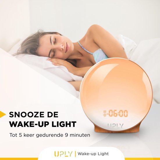UPLY Wake Up Light - Avec point de chargement USB - Réveil lumineux - Réveil radio - 2 heures d'alarme - 7 couleurs