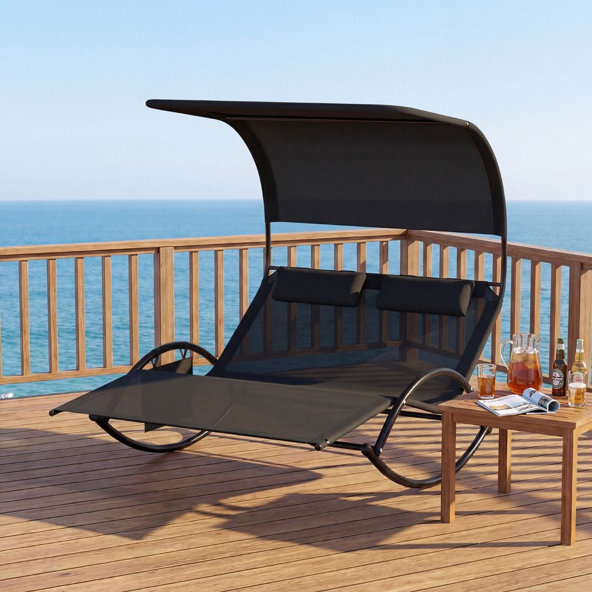 Chaise longue balancelle double Coast - avec auvent - coussins inclus - noir