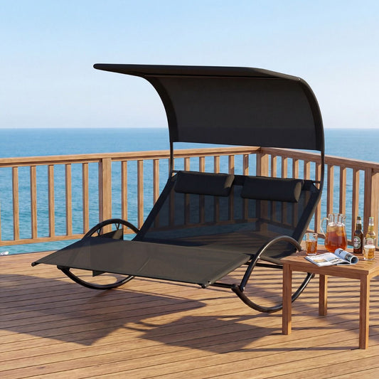 Chaise longue balancelle double Coast - avec auvent - coussins inclus - noir