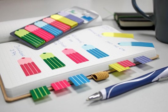 Marque-pages d'information - crayon - 6 x 25 feuilles - 18 x 55 mm - violet, jaune, rouge, bleu, rose, vert - IN-5672-93