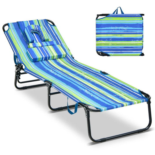 Chaise longue pliable avec ouverture au niveau du visage - Noir/Bleu/Couleur sable - 4 positions d'inclinaison - 160 kg - Avec 3 coussins