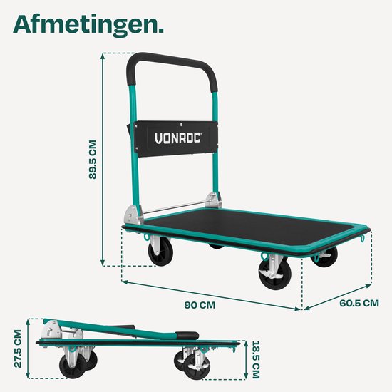 VONROC Chariot à plate-forme - pliable - capacité de charge max. 300 kg - grande plate-forme de chargement 90x60 cm - chariot de transport - avec sangles d'arrimage