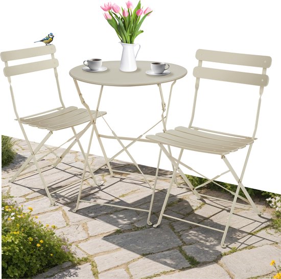tectake® - Ensemble bistro pliant pour 2 avec structure en acier, table et chaises de jardin - Pour balcon et terrasse - Ensemble extérieur - Ensemble de jardin - Table et chaises pliantes - design élégant - crème