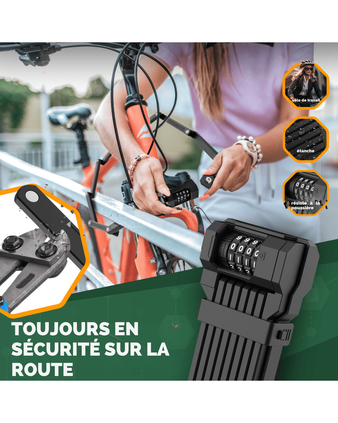 Antivol vélo MIVELO robuste avec code – 120 cm de long – Acier au carbone – Étanche – 20 x 6 cm – Noir