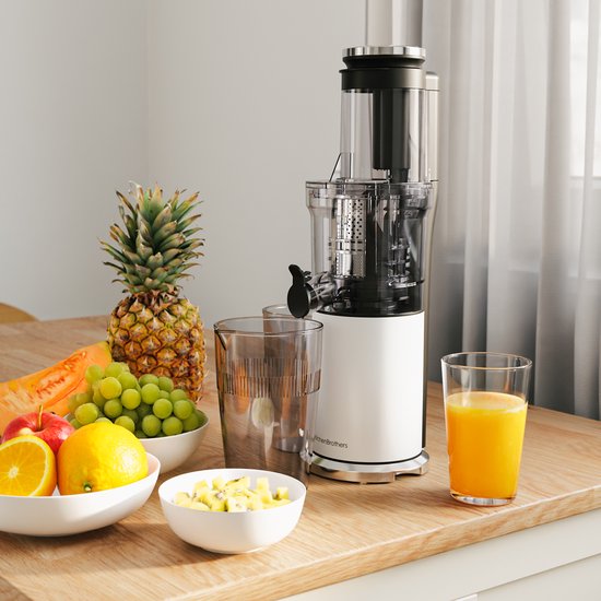 KitchenBrothers Slowjuicer - Vertical - Presse-agrumes - Presse-légumes et fruits - 80 mm - 750 ml - Blanc nacré / Blanc
