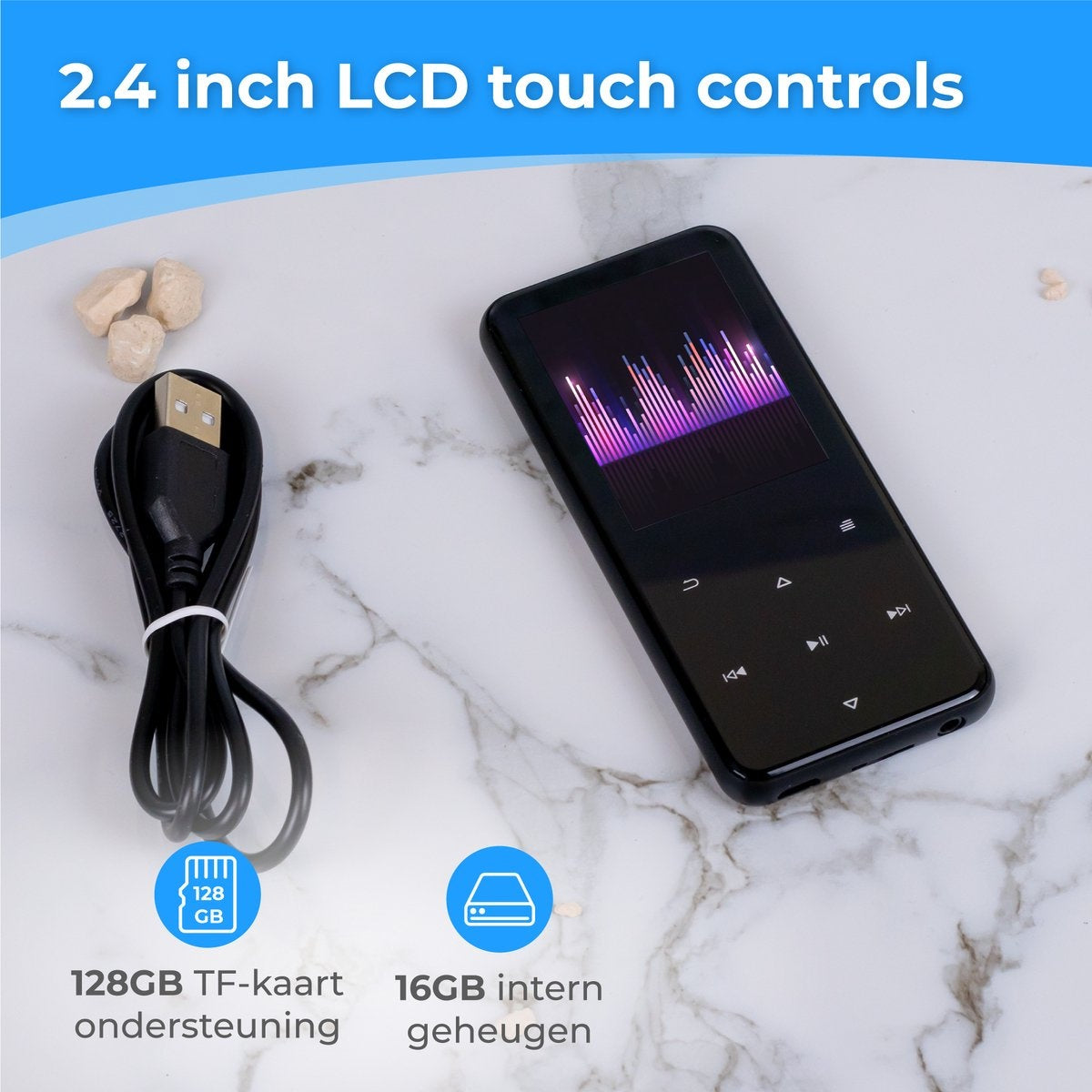 Nuvance - Lecteur MP3 Bluetooth - Mémoire interne 16GB - Support jusqu'à 128GB - Enregistreur vocal numérique - avec radio FM - Noir