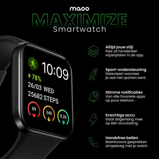 Maoo Maximize Smartwatch - Fonction Bell complète, moniteur de fréquence cardiaque, podomètre, multisport - Android & iOS - Noir