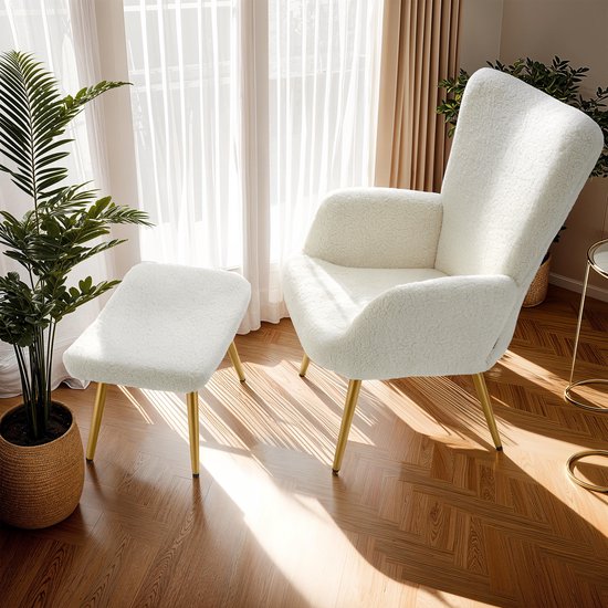 tectake® Fauteuil de style scandinave - Avec pouf - Teddy chair Hygge - Chaise pour le salon, la chambre - Chaise longue - Pieds en métal doré - Capacité jusqu'à 150 kg - Crème