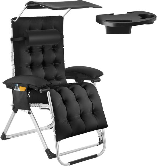 tectake® Chaise longue pliable avec parasol - Chaise de jardin avec table - Porte-gobelet - Réglable à l'infini - Pour balcon, camping ou jardin - Chaise de relaxation avec coussin extra épais - Chaise de plage - Chaise longue - Diverses couleurs - Noir