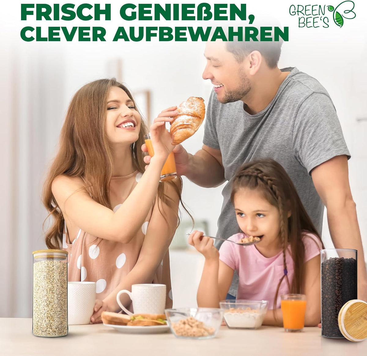 GREEN BEE`S Bocal à provisions grand - 2x1500ml Nouveau modèle - Convient parfaitement pour le tiroir et l'armoire à pharmacie - Bocaux à provisions durables avec couvercle hermétique - Pour la farine, le sucre, les pâtes, le café et les flocons d'avoine