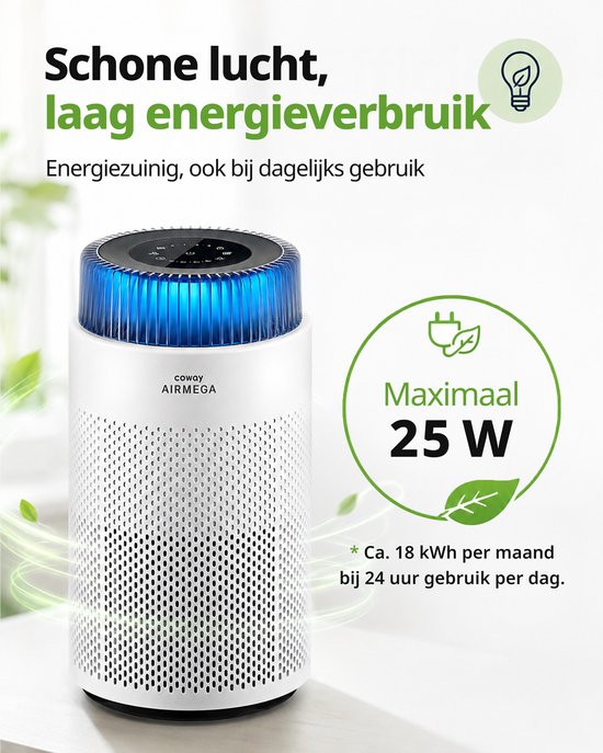 Purificateur d'air Coway Airmega 100 - Pour des pièces jusqu'à 63 m² - Filtre HEPA + filtre à charbon - 244 m³/h - Contre la poussière, le pollen et les allergènes - Silencieux (20 dB) - Certifié ECARF - Purificateur d'air -