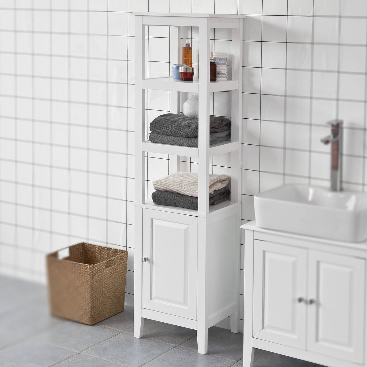 SoBuy Armoire de toilette haute - 3 compartiments 1 porte - Blanc - 40x150x33 cm