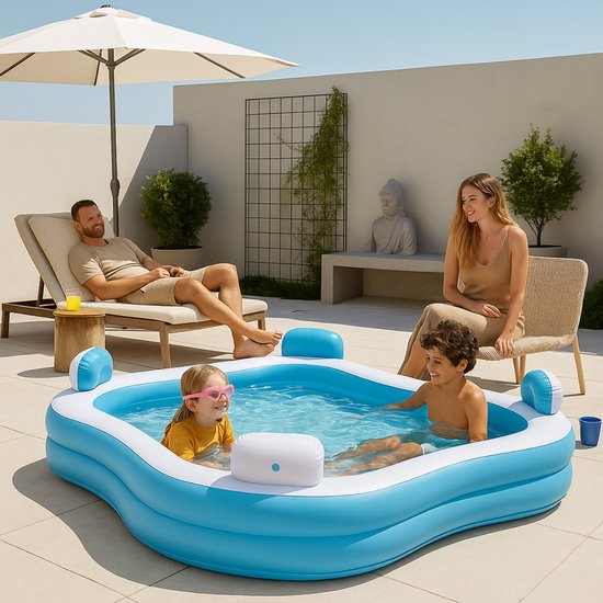 Creative Kids - Square Family Pool - gonflable - 4 chaises longues - 183 x 183 x 51 cm - porte-boissons - appuie-tête