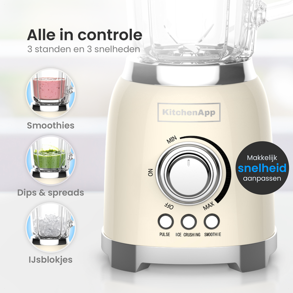 Mixeur KitchenApp Retro, pichet en verre de 1,5 litre - 800 W - Glace pilée, smoothies et fonction « Pulse » - Vitesse réglable en continu - Beige