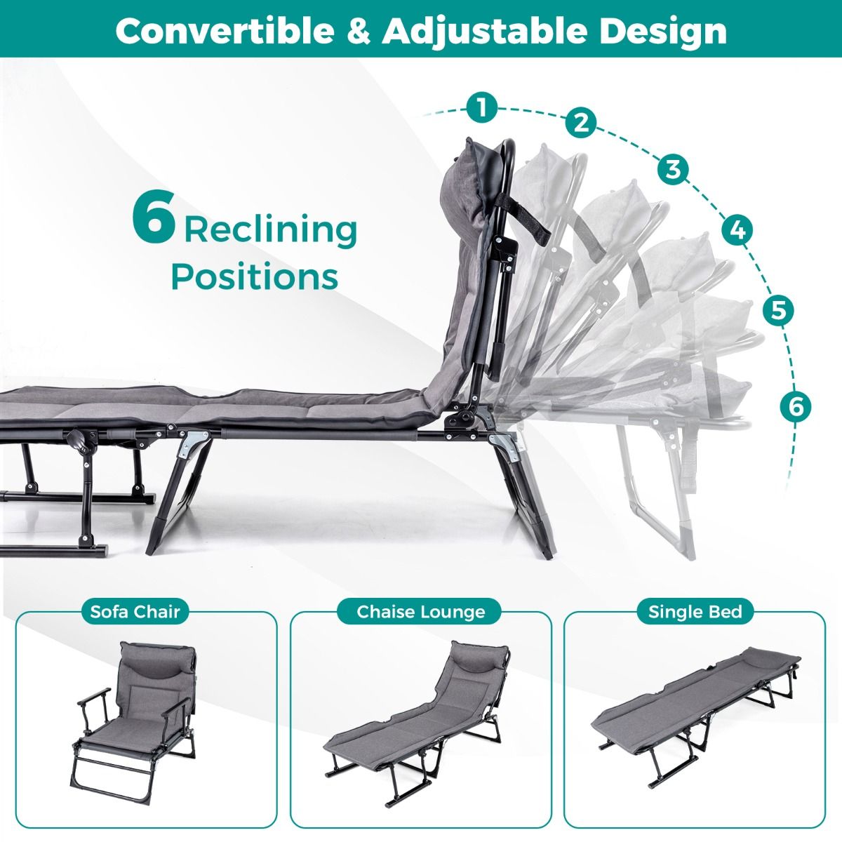 Lit de camping pliable Coast 3-en-1 - dossier réglable - appui-tête - gris et noir