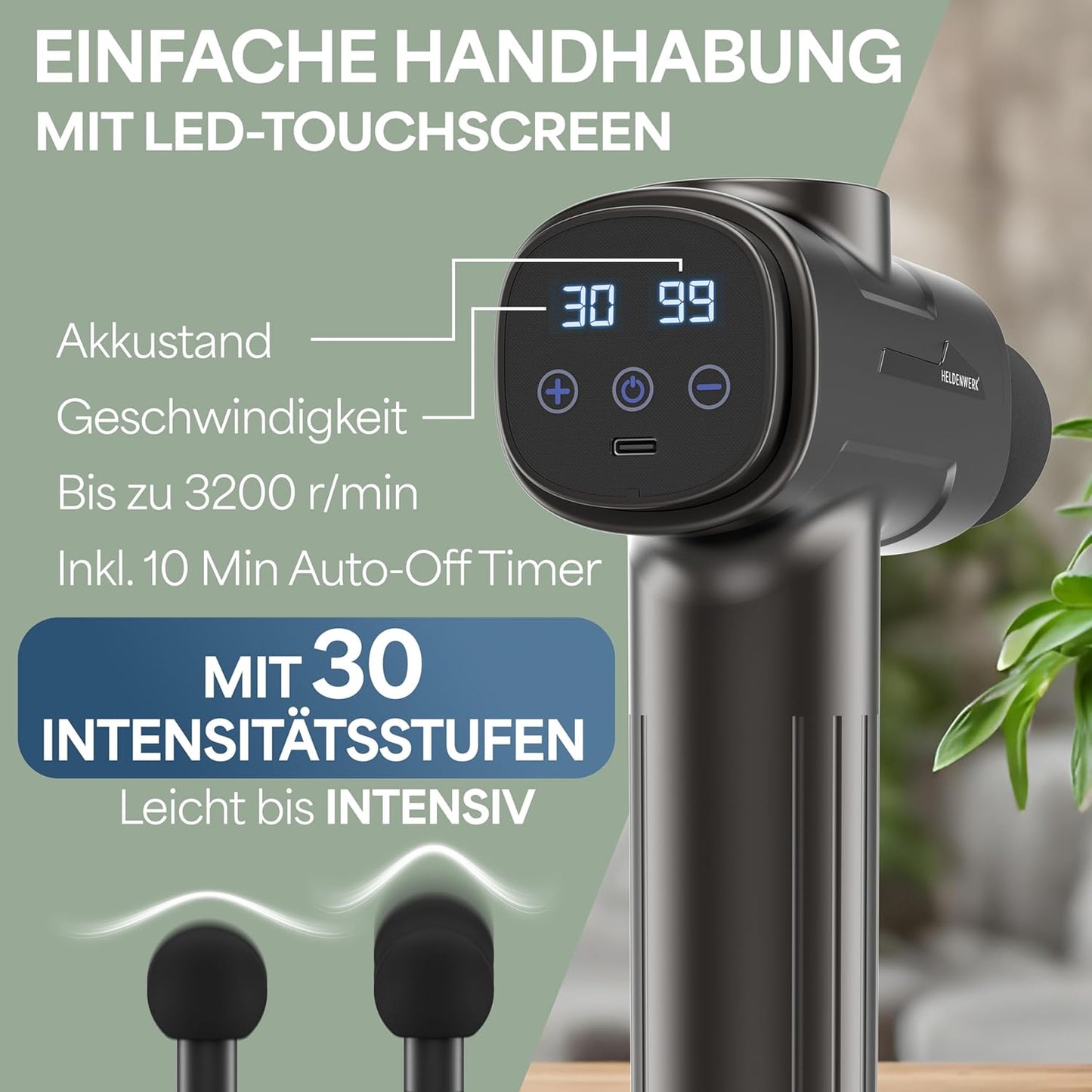 Pistolet de massage Heroism - 6 têtes de massage - 30 vitesses - USB-C - Gris