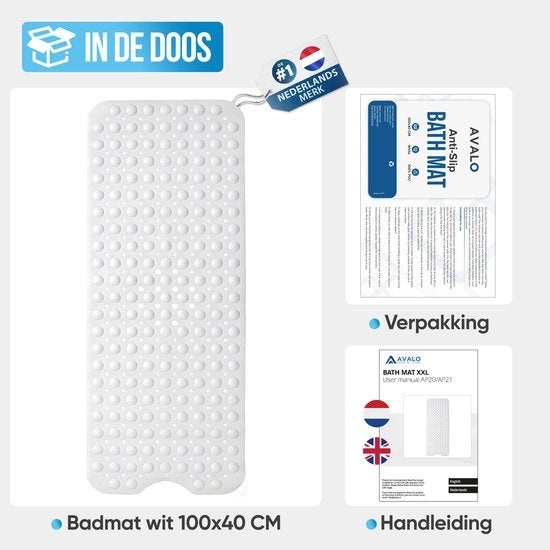 Avalo Tapis de bain / Tapis antidérapant Douche - 100x40CM - Blanc - Avec ventouses - Tapis de douche antidérapant pour la douche - Tapis de salle de bain