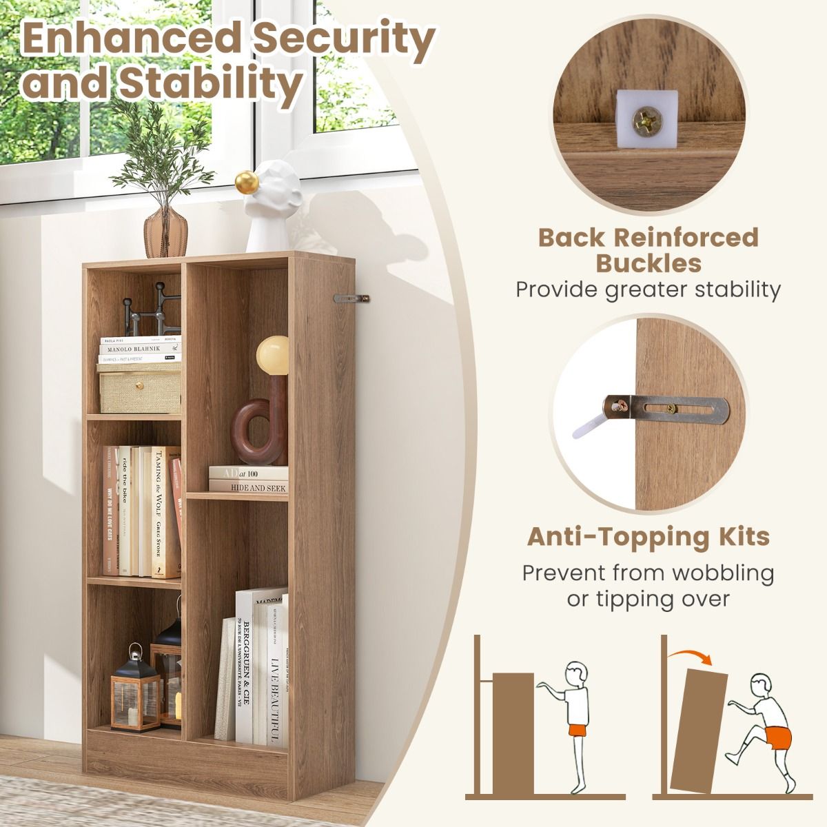 Coast - Bibliothèque à 5 compartiments - Rayonnage à cube vertical, protection contre le basculement, capacité de 90 kg - 50 x 24 x 104 cm - Bois/MDF - Bois naturel