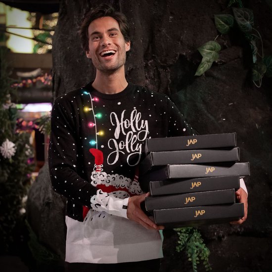 Pull de Noël JAP avec guirlande lumineuse (taille XL) - 100 % recyclé - Ne gratte pas - Cadeau de Noël pour adultes - Pull de Noël kitsch pour femmes et hommes - Holly Jolly - Noir