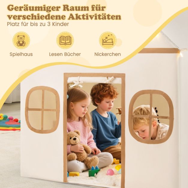 Tente de jeu Coast pour enfants – Maisonnette d'intérieur avec guirlande lumineuse et tapis de jeu 120 x 101 x 143 cm – Beige/Marron