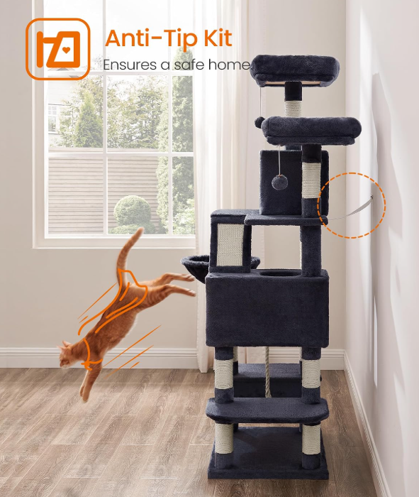 Songmics Arbre à chat 168 cm - Tour pour chat avec 13 poteaux à griffer - Gris fumé