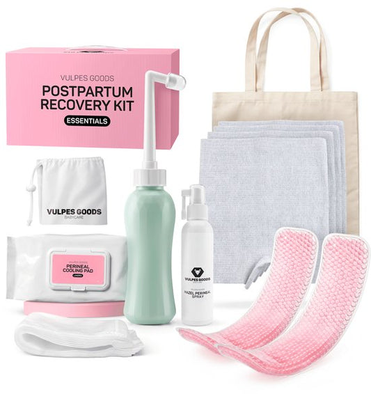 Vulpes Goods®BabyCare - Kit post-partum pour la récupération après l'accouchement - Biberon Peri, spray à l'hamamélis, protège-slips à l'hamamélis, sous-vêtements post-partum et coussinets rafraîchissants – Cadeau de naissance pour maman – Kit post-partum