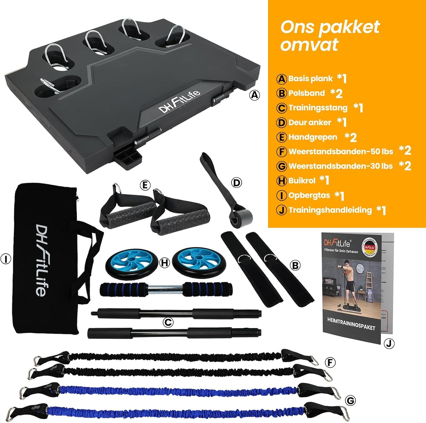 Kit complet d'entraînement à domicile DH FitLife avec bandes de résistance - 86 x 50 x 2,5 cm - Noir