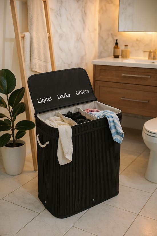 Panier à linge Ceruzo à 3 compartiments – Trieur de linge en bambou 100 L – Sac intérieur amovible – Noir