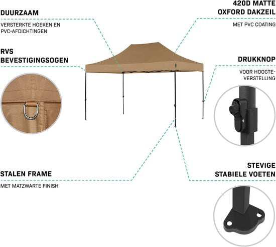 Tente de réception VONROC - 3 x 4,5 m – Tente de réception Premium à montage facile – Conception modulaire – Pliable – Imperméable – Armature en acier – Protection UV 50+ – Sac de rangement inclus – Beige