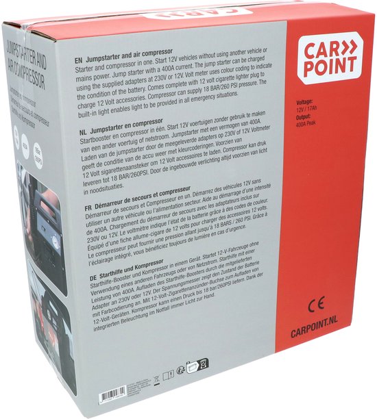 Carpoint Jumpstarter - 12 Volt - Avec compresseur d'air - Puissance de pointe 400A - Chargement avec adaptateur 230 Volt ou 12 Volt - Pression maximale du compresseur 18 BAR/260 PSI - Eclairage LED intégré - Dimensions 365x345x175mm