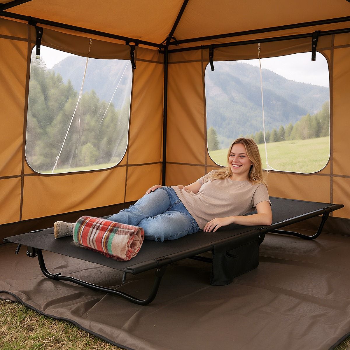 Lit de camping Coast - lit de camp ultra-léger - pliable avec poche latérale - noir