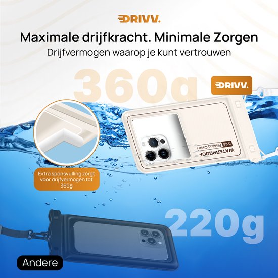 Drivv. Étui de protection étanche de luxe pour téléphone – Flottant – Double fermeture à clip – Téléphones jusqu'à 6,8 pouces – Étui de protection sous-marin pour téléphone – Beige