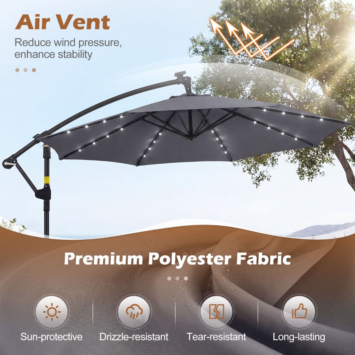 Parasol de jardin Coast à énergie solaire - Éclairage LED - Orientable à 360° - Gris