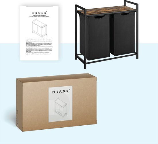 BRASQ Panier à linge 2 compartiments - Trieur à linge 76 litres - Extensible avec étagère 73x33x71 cm - Boite à linge Métal noir - Bois marron - Panier