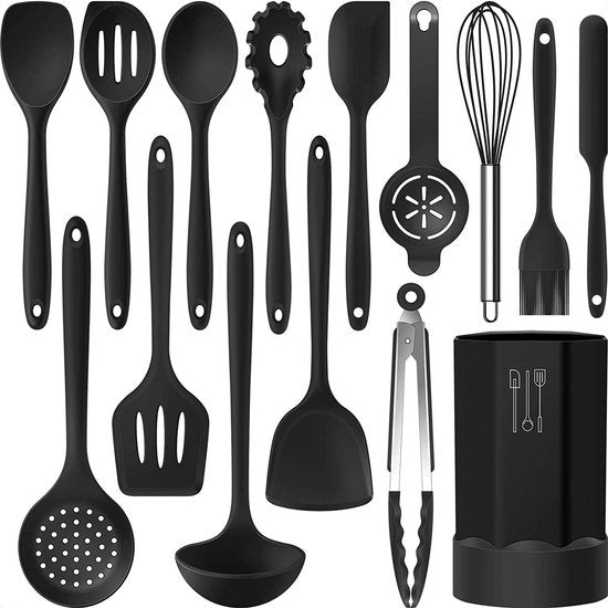 Strex Kitchen Utensils Set with Holder 15 Piece - Heat Resistant / BPA Free / Silicone - Ustensiles de cuisine