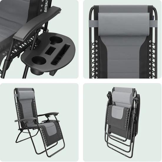 LifeGoods Chaises longues confort - pliable - 30°-90° réglable - support pour gobelets et téléphone - chaises de jardin - noir/gris