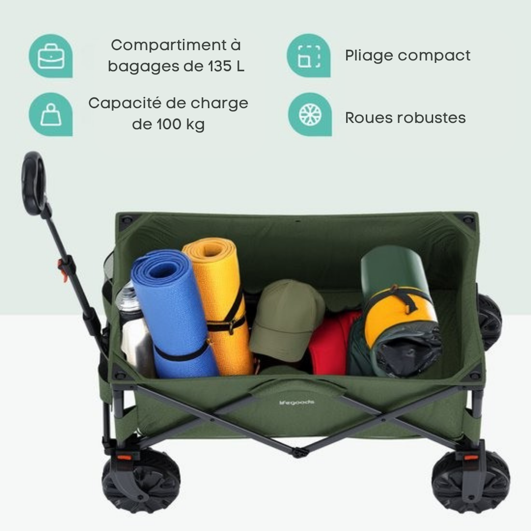 LifeGoods Wagon - Pliable - 100KG - 135L - Roues amovibles - Housse de protection - Vert