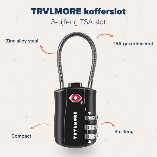 TRVLMORE Serrure de valise - Serrure de voyage TSA - Serrure - Cadenas - 3 chiffres - 2 pièces - Serrure à chiffres - Noir