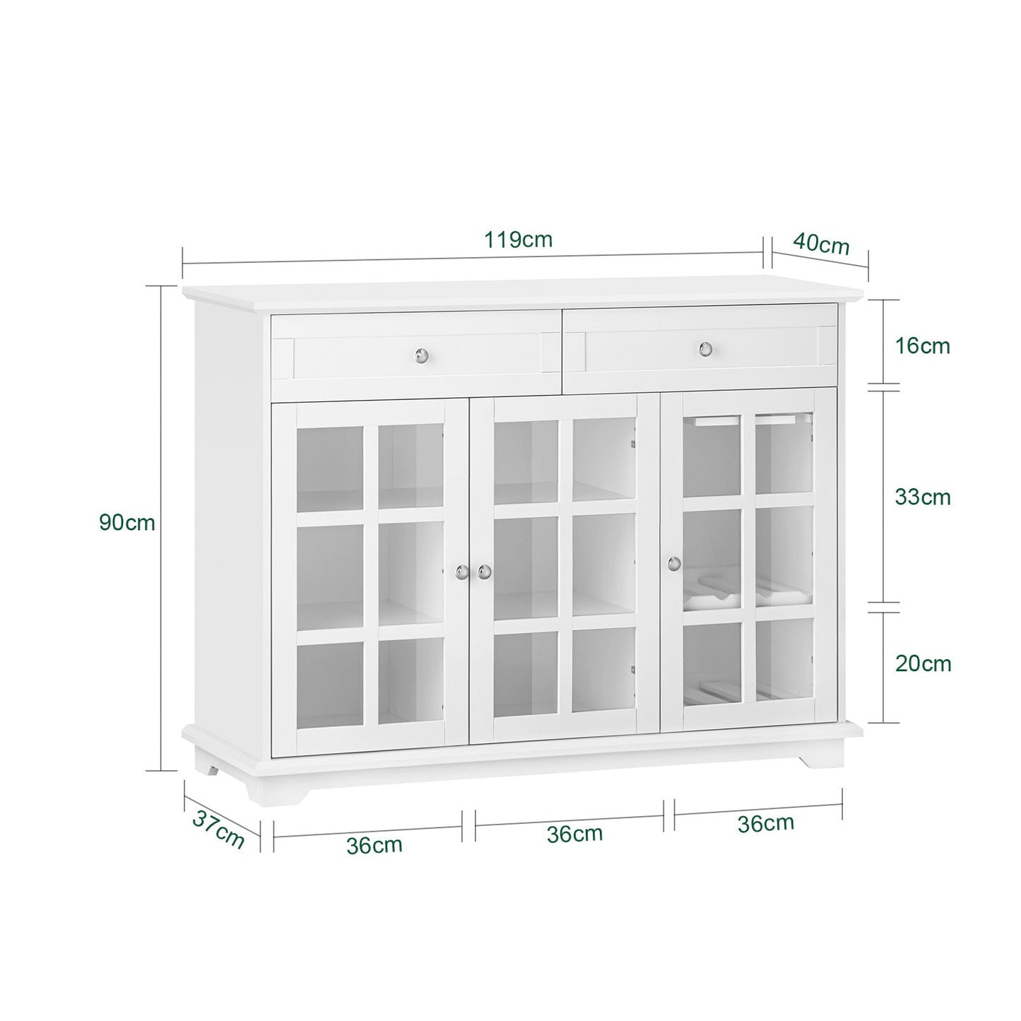 SoBuy Meuble de cuisine Buffet Meuble de rangement latéral avec 3 portes en verre et 2 tiroirs, 90x40x90 cm, blanc