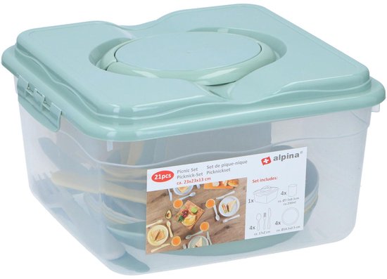 Service de pique-nique Alpina 21 pièces – Service de table pour 4 personnes comprenant des assiettes, des gobelets et des couverts – Service en plastique dans une boîte de rangement – Service de camping et service de table d'extérieur