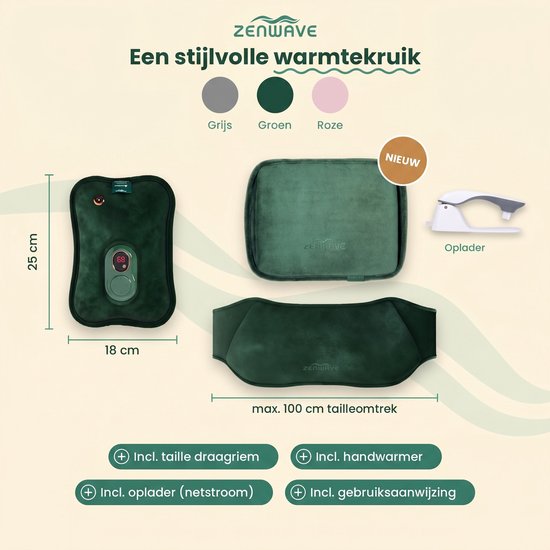 Bouillotte électrique Zenwave avec housse - Écran numérique - Bouillotte et bouillotte à eau avec chauffe-mains - Coussin chauffant rechargeable - Ceinture chauffante pour les règles - Durable et sans fil - Camping et plein air - Bouillotte verte