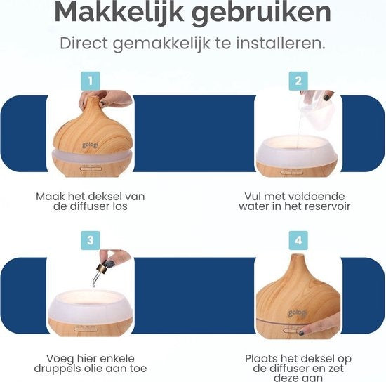 Gologi Smart Aroma Diffuser - 550ML - Humidificateur - Diffuseur de parfum - Eclairage LED - 2 huiles essentielles incluses - Marron clair