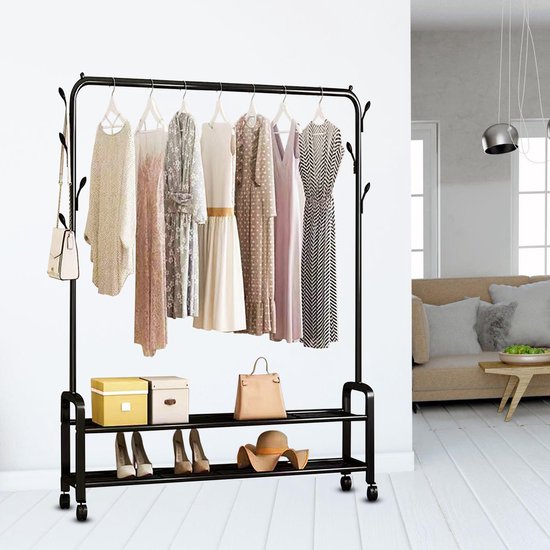 Vonia Rack à vêtements 157 x 34 x 105 cm - Rack à vêtements sur roulettes - Rack à vêtements avec porte-chaussures - Rack à vêtements en métal - Rack de penderie - Noir