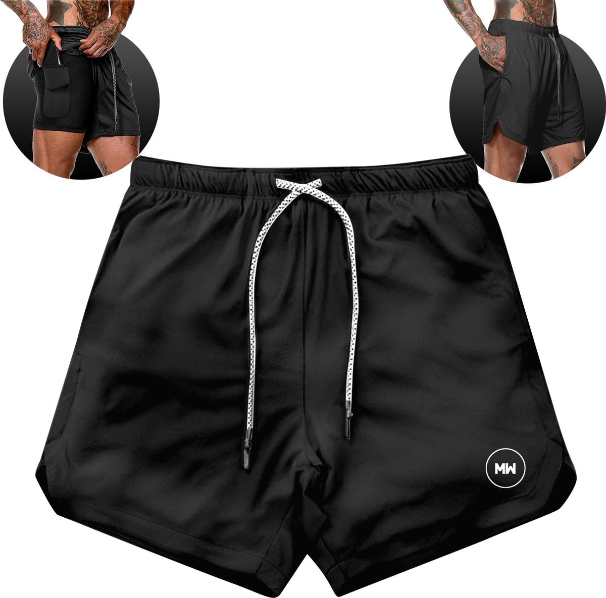 MW® - Pantalon de sport pour homme - Pantalon de fitness - Pantalon de course - Vêtements de sport - Short 2 en 1 - (Noir - L)