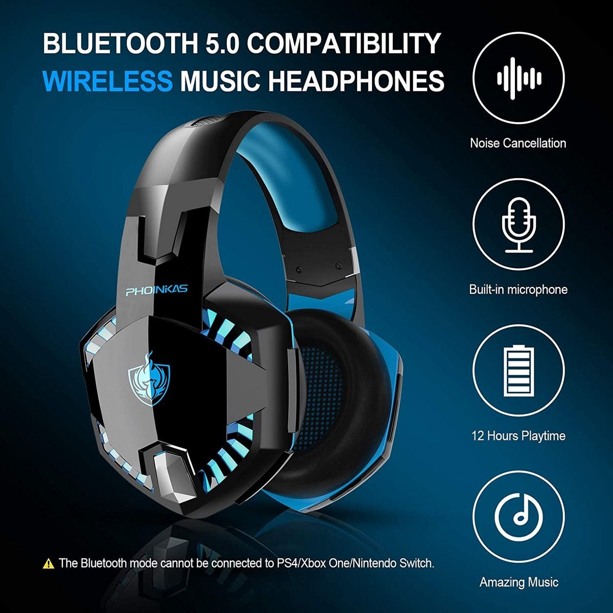 Casque gaming PHOINIKAS G2000 - Bluetooth - avec microphone - Noir/bleu