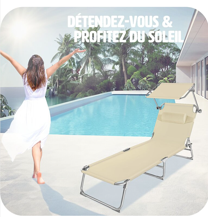 Chaise longue TECTAKE Transat en acier Pliable réglable, dossier à 4 positions avec oreiller- beige - 68 x 190 x 28 cm