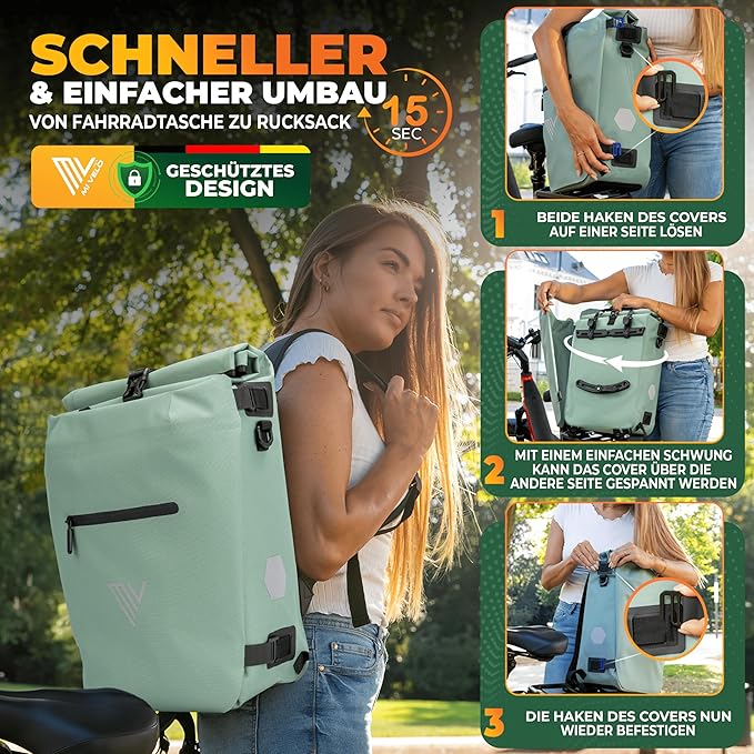 MIVELO 3-in-1 Pannier - Sac à dos et sac à bandoulière - Imperméable - Comprend un compartiment pour ordinateur portable - 20L - Mint