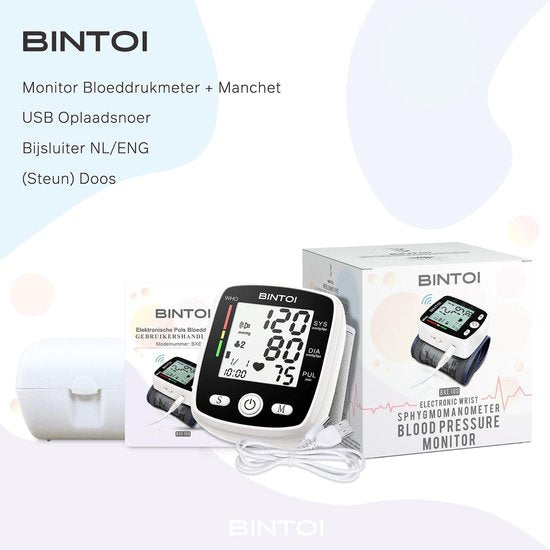 Bintoi® BXE100 - Tensiomètre de poignet - Cardiofréquencemètre - Rechargeable par USB - Étui de rangement inclus - 2 utilisateurs