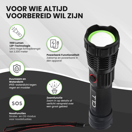 TTD® Military Flashlight LED Rechargeable - Technologie LEP - IP65 Waterproof - 1100 Lumens - 7 Hour Battery - Zoom Function - Powerbank Function - USB Rechargeable