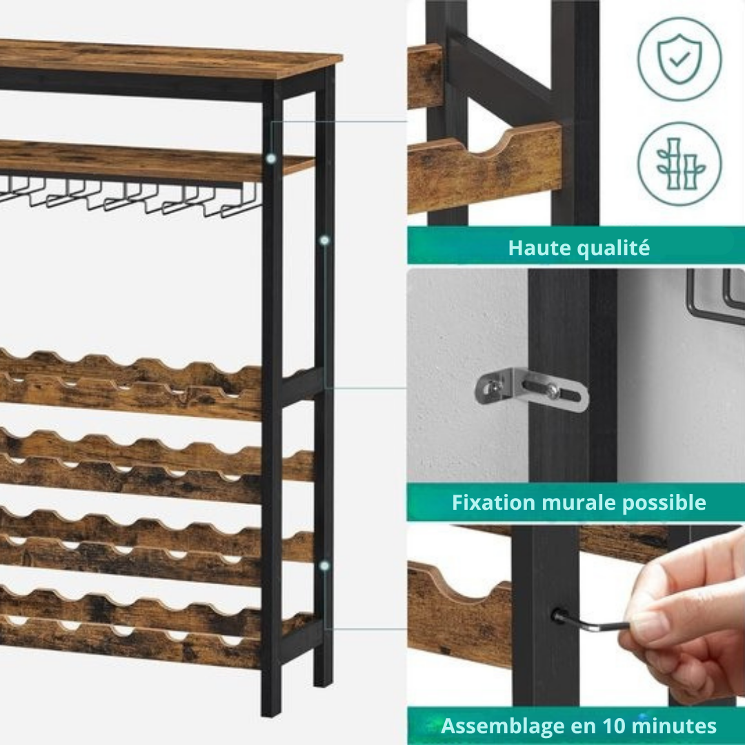 Casier à vin Niceey - Pour 24 bouteilles et 15 verres - 66 × 30 × 100 cm - bois/métal
